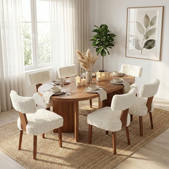 Dining ChairModern Faux Fur Upholstered Dining Chairs Set of 6, Cream White Accent Side Chairs with Solid Wood Legs, Ergonomic Kitchen Chairs for Dining Room (Plush, Set of 6)