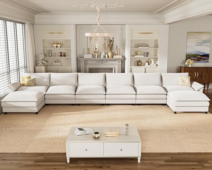 Homall 232" Modular Sectional Sofa, Oversized Sofa Couch with Reversible Ottoman, DIY Combination Chenille Deep 6-Seat Cloud Couch for Living Room, Apartment (White, Oversized Sofa)