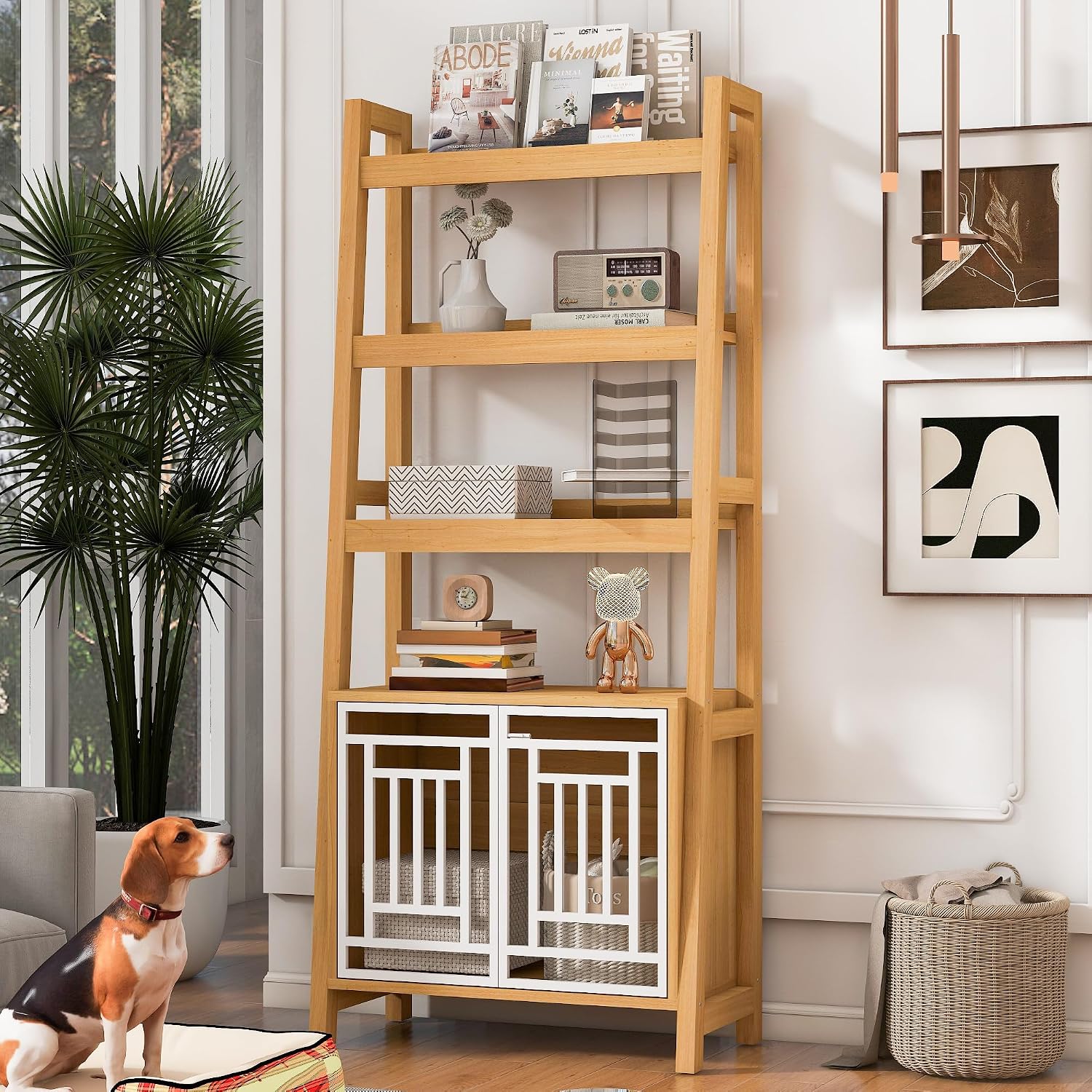 2 in 1 Dog Furniture Dog Crate Ladder Bookshelf, Tall Wood Display Shelf with Storage, Dog Kennel Bookcase for Small Sized Dogs up to 50lbs, 32.5" L