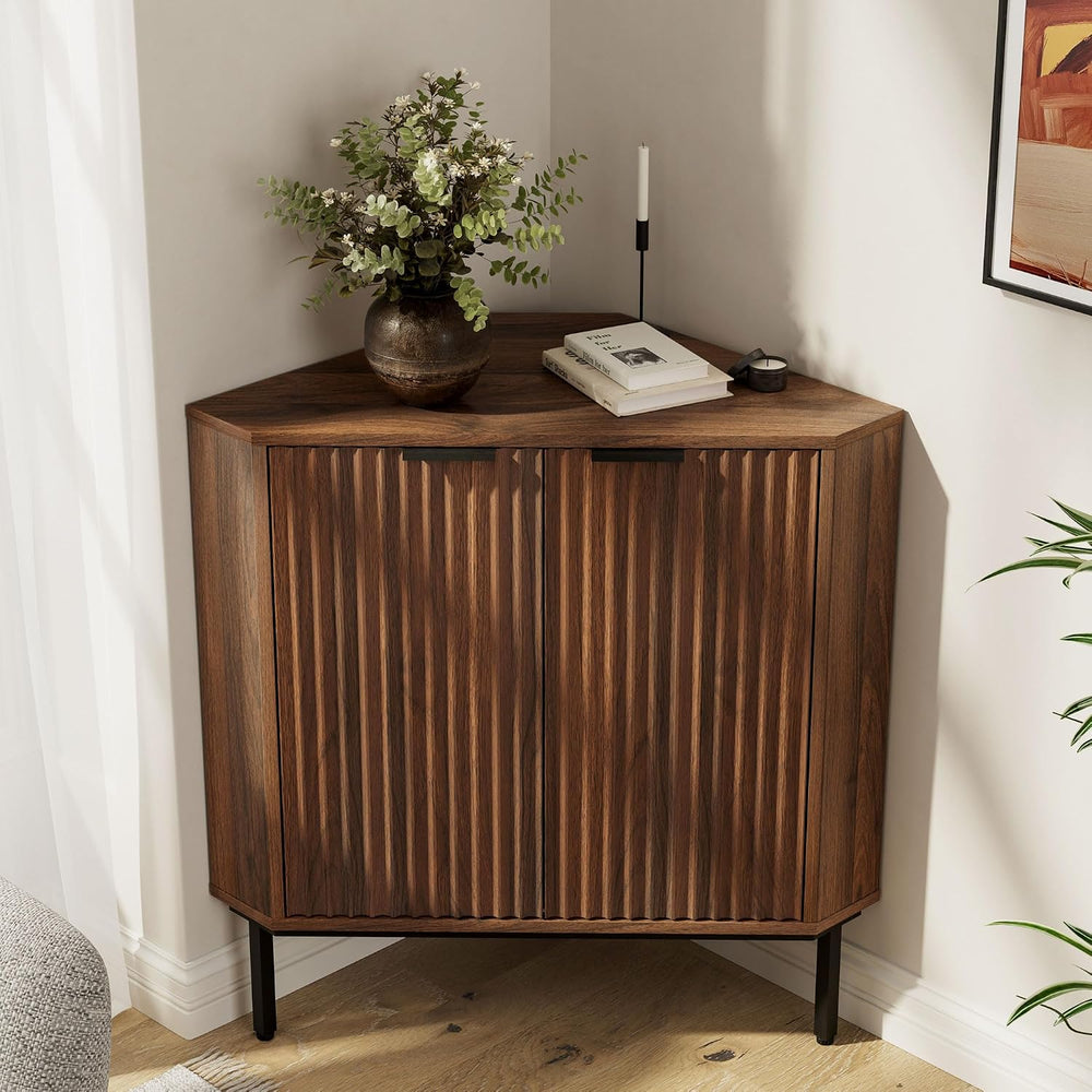 Fluted Corner Cabinet, Modern Small Floor Storage Cabinet with Adjustable She...