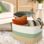 Large Woven Basket, 108L Rectangular Woven Storage Basket with Leather Handles, Stylish Organizer Bin for Home, Office, Laundry, Toys, or Blankets, 25’’*16’’*16’’ White & Green & Jute