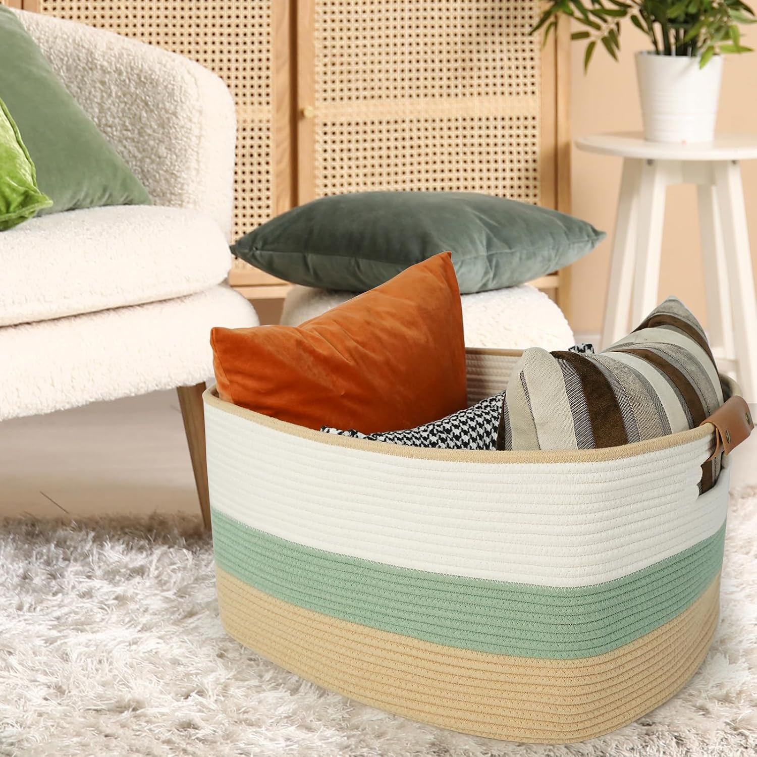 Large Woven Basket, 108L Rectangular Woven Storage Basket with Leather Handles, Stylish Organizer Bin for Home, Office, Laundry, Toys, or Blankets, 25’’*16’’*16’’ White & Green & Jute