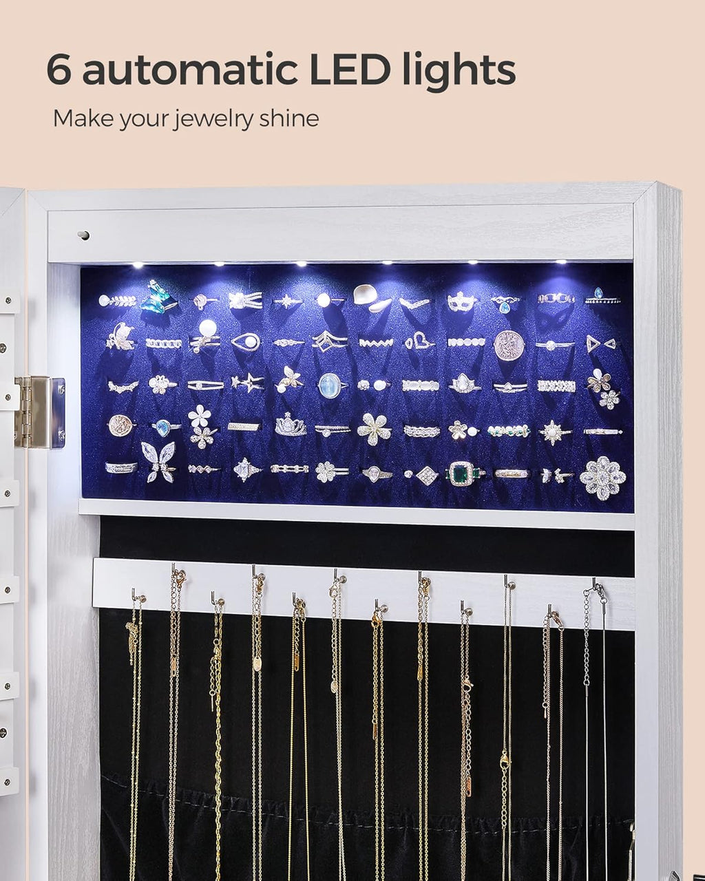 SONGMICS Hanging Jewelry Cabinet, Wall-Mounted Cabinet with LED Interior Lights, Door-Mounted Jewelry Organizer, Full-Length Mirror, Christmas Gift Idea, White UJJC99WT