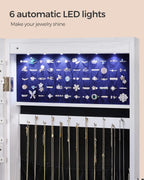 SONGMICS Hanging Jewelry Cabinet, Wall-Mounted Cabinet with LED Interior Lights, Door-Mounted Jewelry Organizer, Full-Length Mirror, Christmas Gift Idea, White UJJC99WT