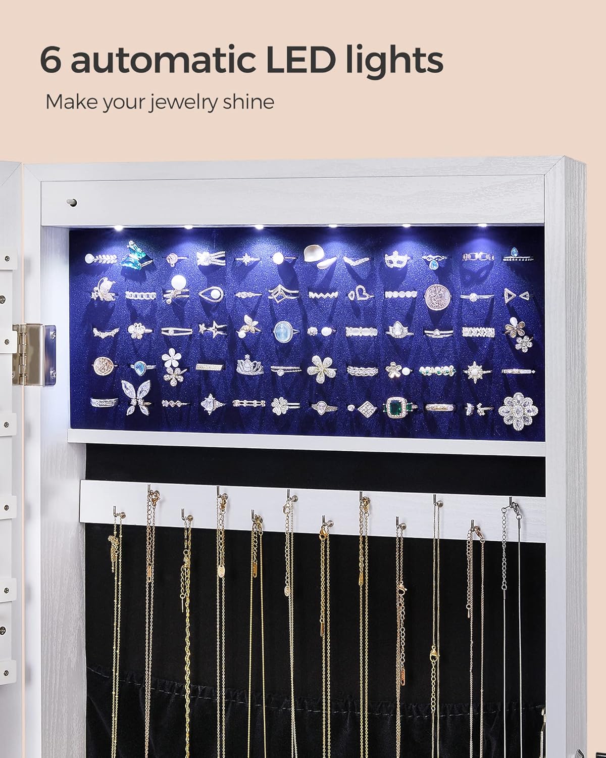 SONGMICS Hanging Jewelry Cabinet, Wall-Mounted Cabinet with LED Interior Lights, Door-Mounted Jewelry Organizer, Full-Length Mirror, Christmas Gift Idea, White UJJC99WT