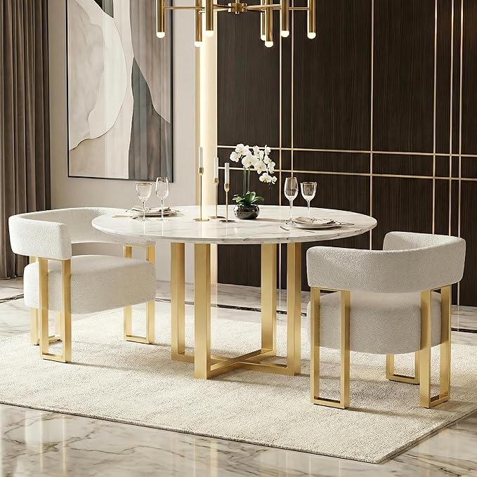 STHOUYN Modern White Boucle Dining Chairs Set of 4 with Gold Metal Legs, Mid Century Barrel Kitchen Chairs Set, Upholstered Accent Armchairs Dining Room Set, Living Room, Apartment (White, 2pcs)