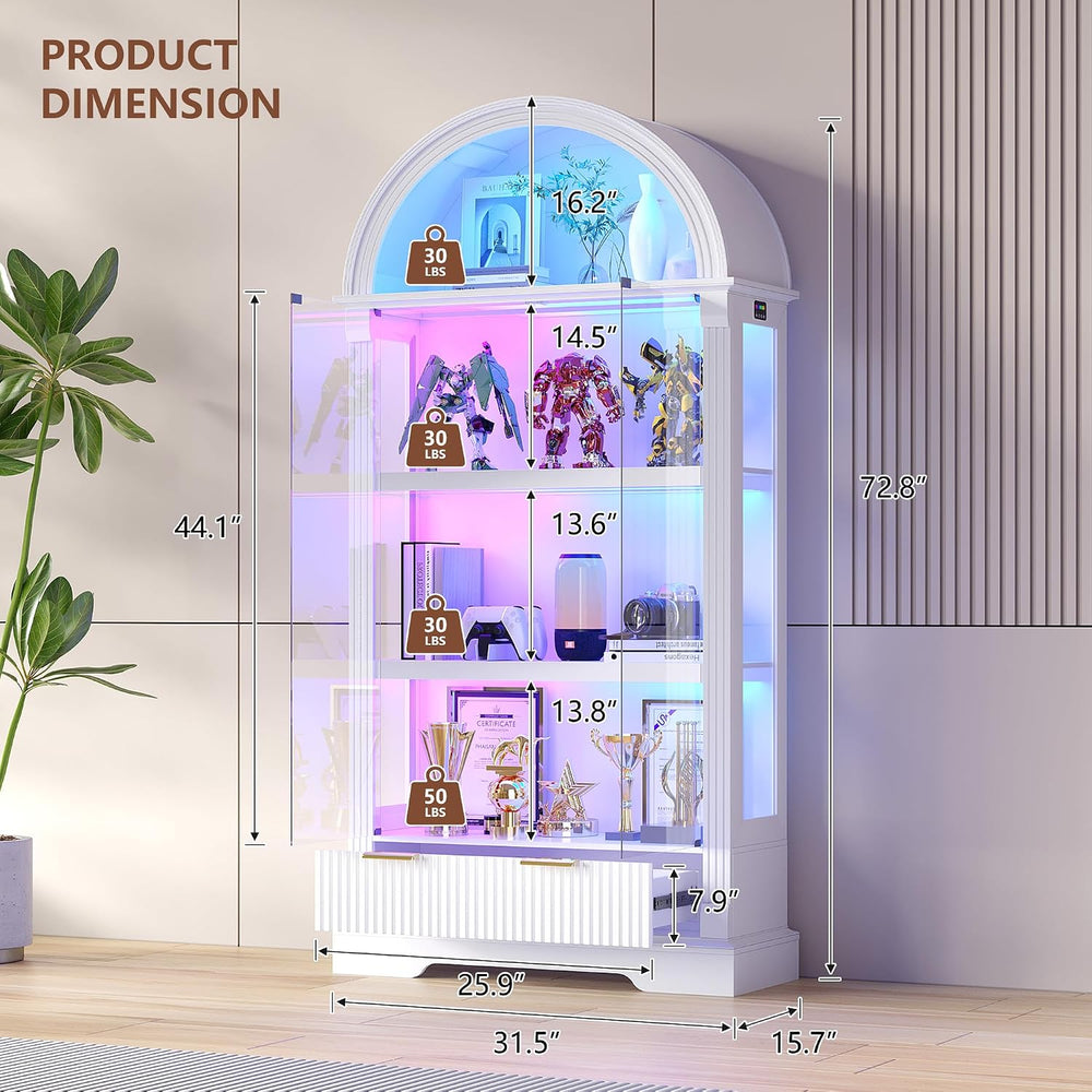 Dystler Curio Cabinet with RGB Lights, 72" Tall Arched Display Cabinet w...