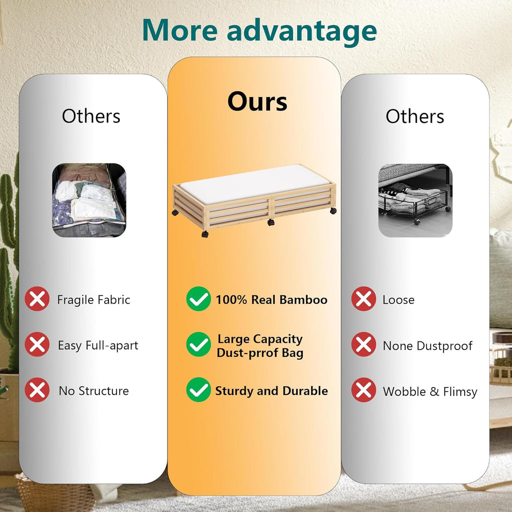 Wisuce Bamboo Under Bed Storage Containers- Underbed Organizer with Wheels with Large Dust Bag,Sturdy Wood Rolling Under the Bed Shoe Storage Organizer Drawer 2 Packs (Nature, Long)