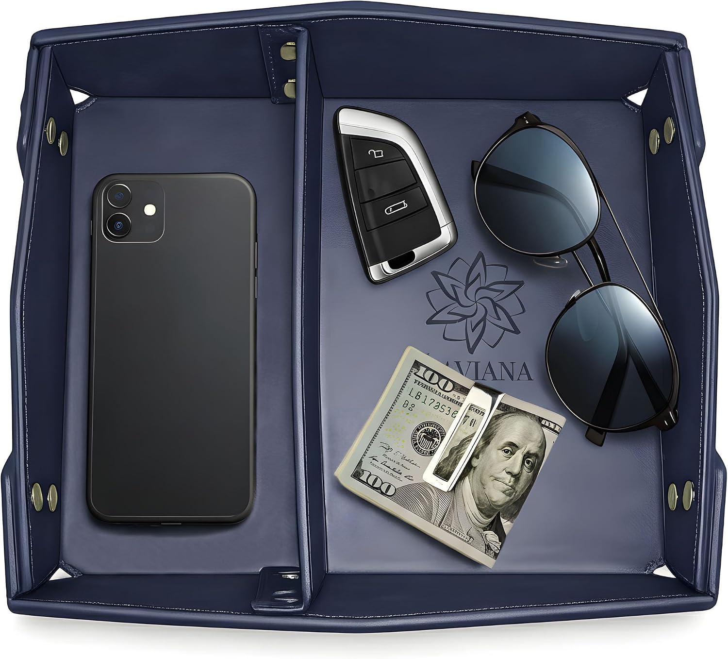 Valet Tray Organizer for Men & Women - PU Leather Catch All Tray with Removable Divider - EDC Storage for Keys, Watch, Phone - Nightstand, Dresser & Desk Organizer - Pacific Navy