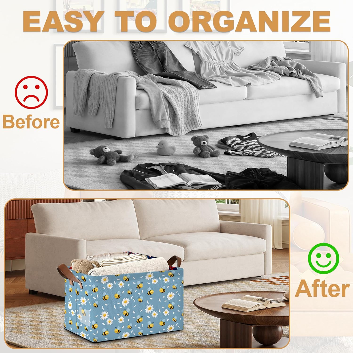 32L Large Storage Bins with Handles, Basket Organizer for Shelves, Closet, Books, Laundry & Home Decor (Bee Daisy)
