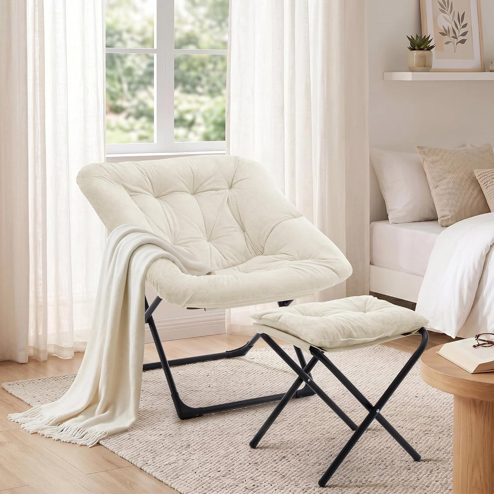 Saucer Chair with Ottoman, Foldable Living Room Chairs, Faux Fur Comfy Readin...