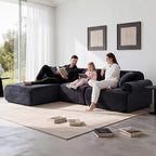 Modular Floor Sofa, Cozy Corduroy Sectional Couch with Fully Washable Covers, Frameless L Shaped Couch for Living Room, Family & Pet Friendly Lounge, No Assembly (Black, Left Facing Chaise)