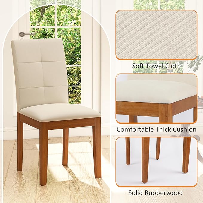 DAGONHIL Dining Chairs Set of 2, Modern Upholstered Fabric Dining Room Chairs, Armless Kitchen Chairs with Wood Legs and Padded Seat for Living Room, Bedroom, Kitchen (Beige)