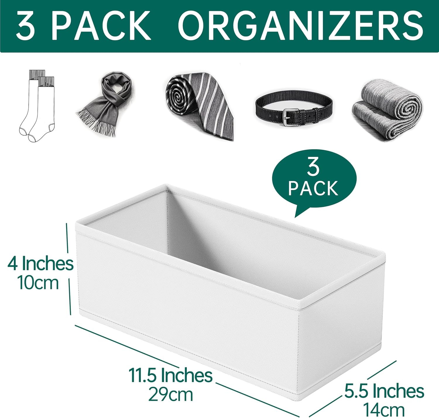 3 PACK Drawer Organizer Clothes，drawer Divider， Dresser Drawer Storage for Sock, Underwear, Bra，Panties，Belt, Tie, Stockings, Leggings & Accessories (White)