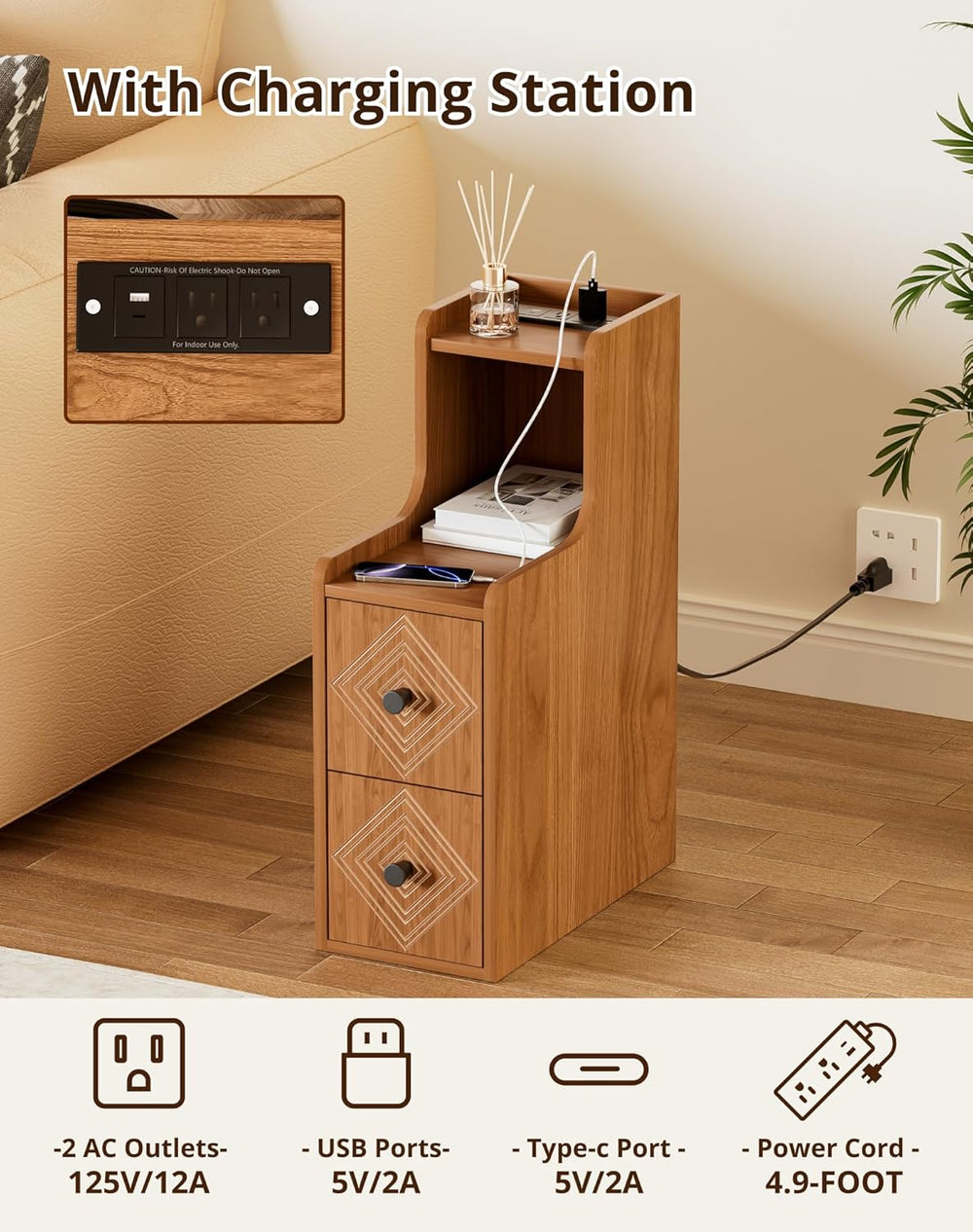 Narrow End Table Set of 2 with Charging Station, Walnut Skinny Bedside Tables...