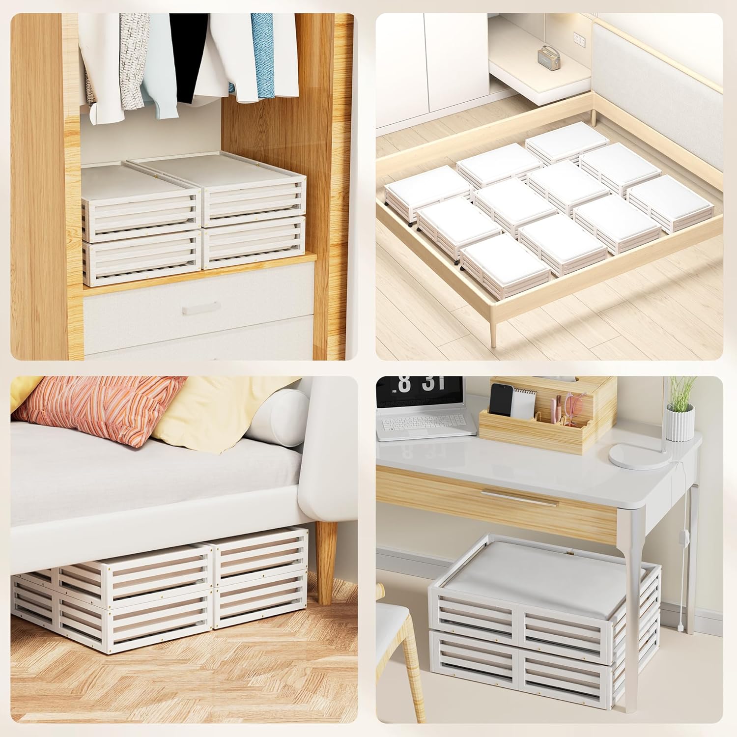 Wisuce Bamboo Under Bed Storage Containers- Underbed Organizer with Wheels with Large Dust Bag,Sturdy Wood Rolling Under the Bed Shoe Storage Organizer Drawer 2 Packs (White, Small)