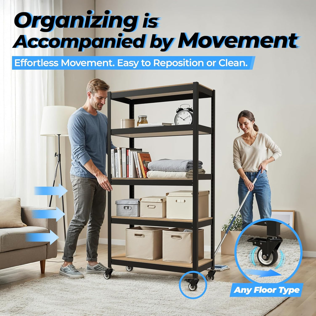 HOMEDANT House 5-Tier Metal Boltless Rolling Cart Shelf Rack Casters Heavy Duty Wheel Shelving Unit Adjustable Utility Storage Shelves Organizer Shelf Kitchen Garage 48.1" W x 18.5" D x 75.4" H 2Pack