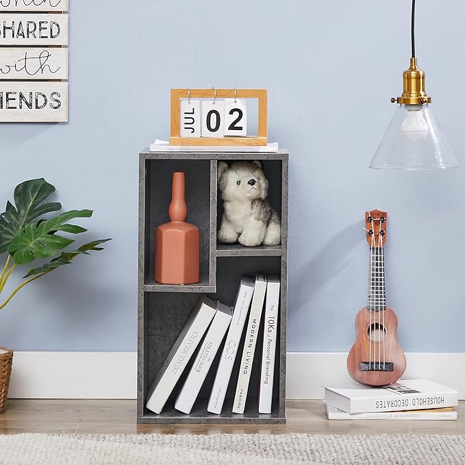 VECELO Small Bookshelf, 3 Cube Shelf, Fits Tallest Hardcovers, Horizontal Available, Modern Storage Organzier for Small Spaces, Modern Gray