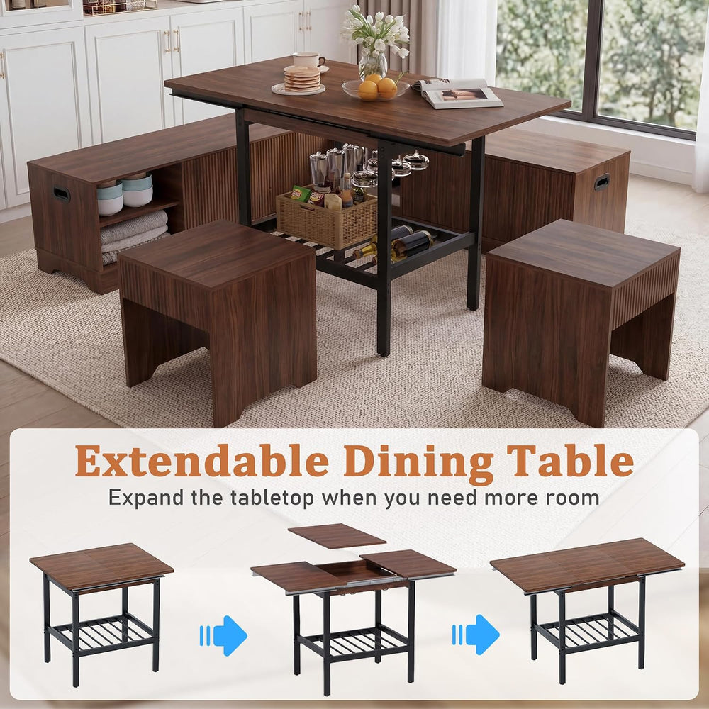 Extendable Breakfast Nook Table Set with Storage Benches & Stools, 6-Piec...