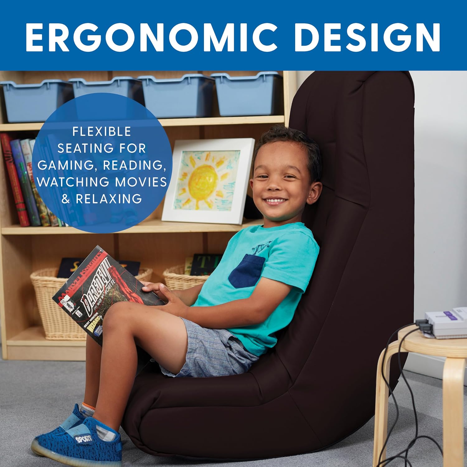 FDP Tufted Floor Rocker for Kids, Teens and Adults Comfortable, Ergonomic Chair for Reading, Playing Video Games, or Watching TV - Dark Gray, 10488-DG