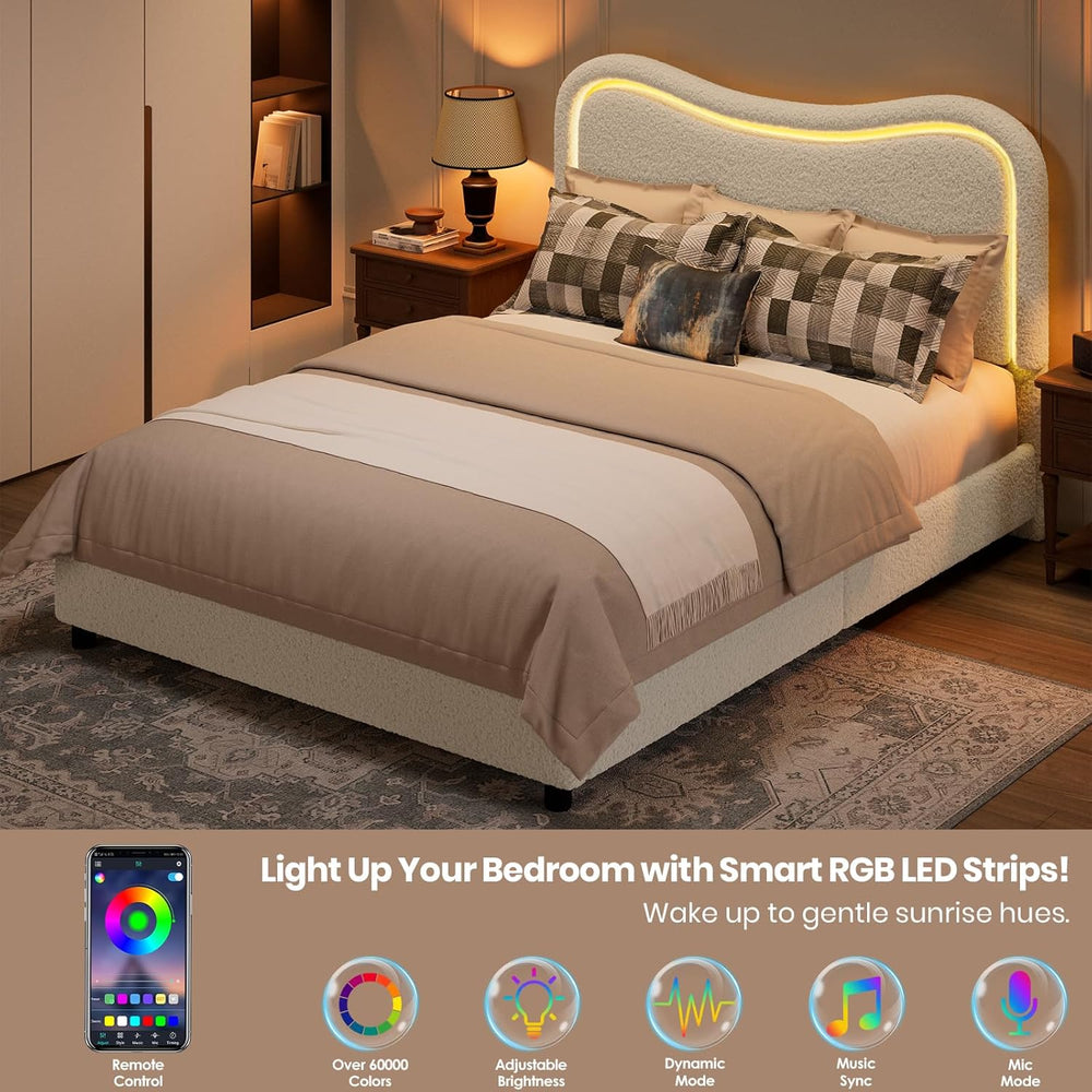 Garvee Boucle Full Bed Frame with 2 Storage Drawers and LED Lights, Beige