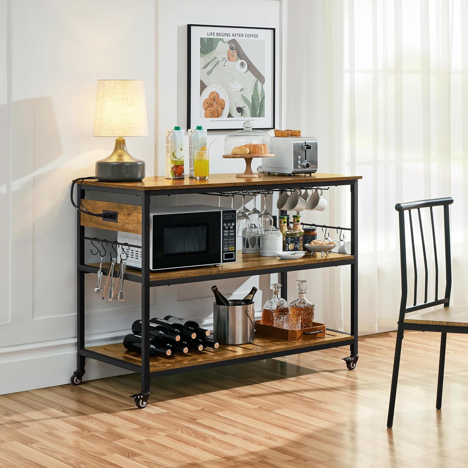 Yaheetech 47.5 Inches Kitchen Island with Storage, 3 Shelves, Rustic Brown | Rolling Kitchen Island With Power Outlet, Kitchen Island on Wheels with Wine Rack & Glass Holder & Hooks for Dining Room/Bar