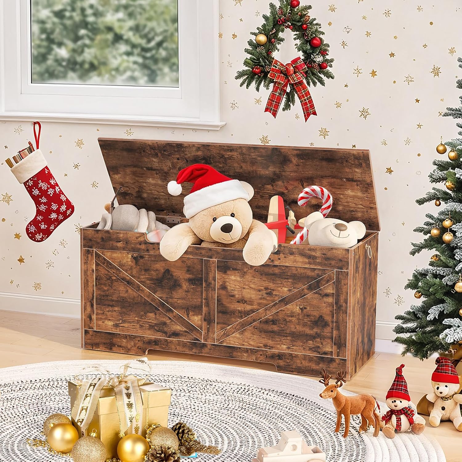 HOOBRO Storage Bench, 43.3” Retro Wooden Storage Chest with U-Shaped Cut-Out Pull, Safety Hinge, Supports 220 lb and Easy Assembly for Toy Box Organizer (Rustic Brown) BF772CW01