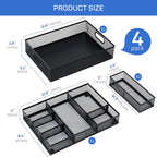 Neudeco Desk Drawer Organizer with 6 Adjustable Dividers, Metal Pen organizer for desk drawer,Mesh Office Desk Drawer Organizer Tray for office supplies (Pack 4, Black)