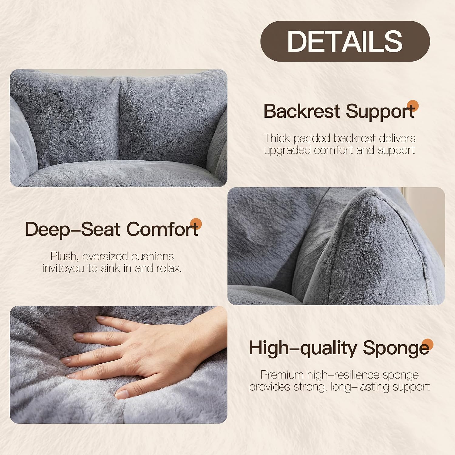 WELAX Giant Bean Bag Chair for Adults Teens – Fluffy Plush Large Bean Bag Sofa Chairs with Ottoman, Comfy Reading & Gaming Beanbag Couch for Bedroom Living Room, Dark Gray