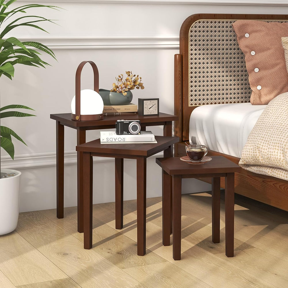 Giantex Nesting Tables Set of 3, Farmhouse Stacking Side Table with Rubber Le...