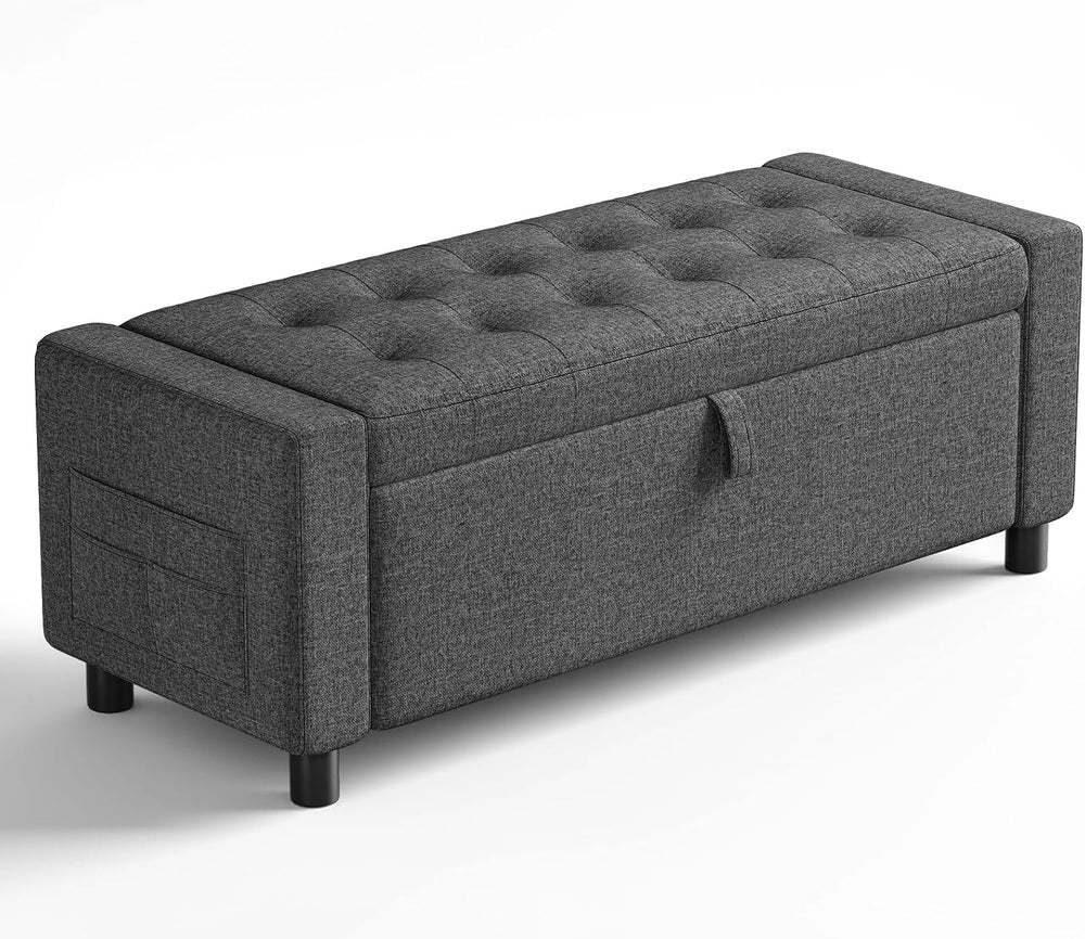 Amada 46" Storage Ottoman Bench, Side Pocket, Safety Hinge, Dark Gray | ...