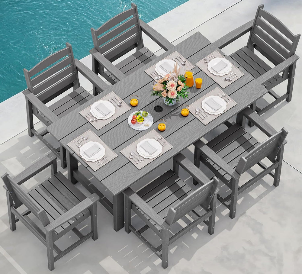 SERWALL 7 Pcs Outdoor Dining Set, 67" HDPE Dining Set for 6, Gray