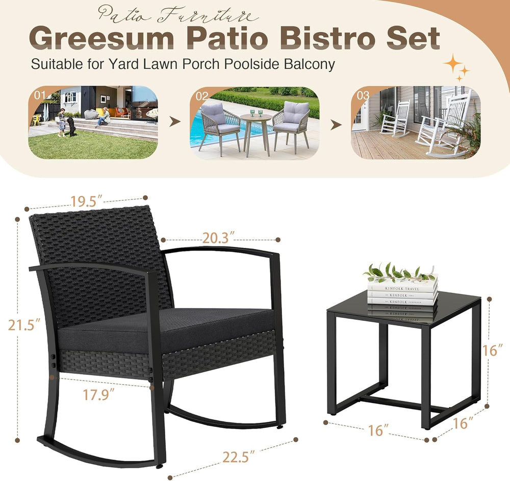 Greesum 3 Pieces Outdoor Furniture Set Patio Bistro Rocking Chairs with Glass...