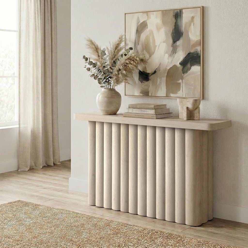 Henn&Hart 55'' Fluted Modern Rectangular Console Table, Ribbed Entryway Table, Sofa Table with Pedestal Base for Entryway, Living Room, Couch, Hallway, or Office, Beech White