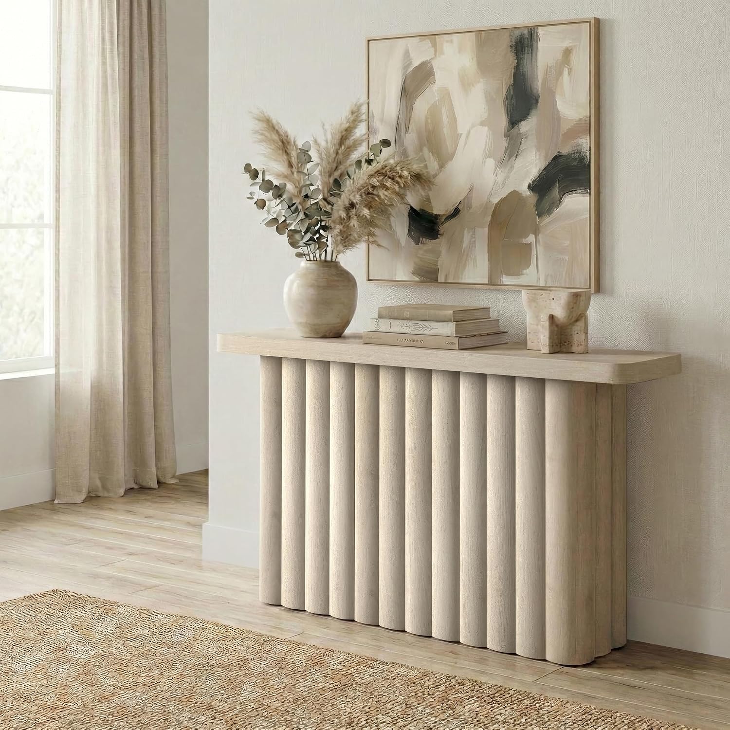 Henn&Hart 55'' Fluted Modern Rectangular Console Table, Ribbed Entryway Table, Sofa Table with Pedestal Base for Entryway, Living Room, Couch, Hallway, or Office, Beech White