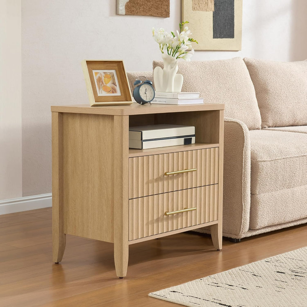 Fluted Nightstand with 2 Drawers, 27" Modern Nightstands Set of 2 with S...