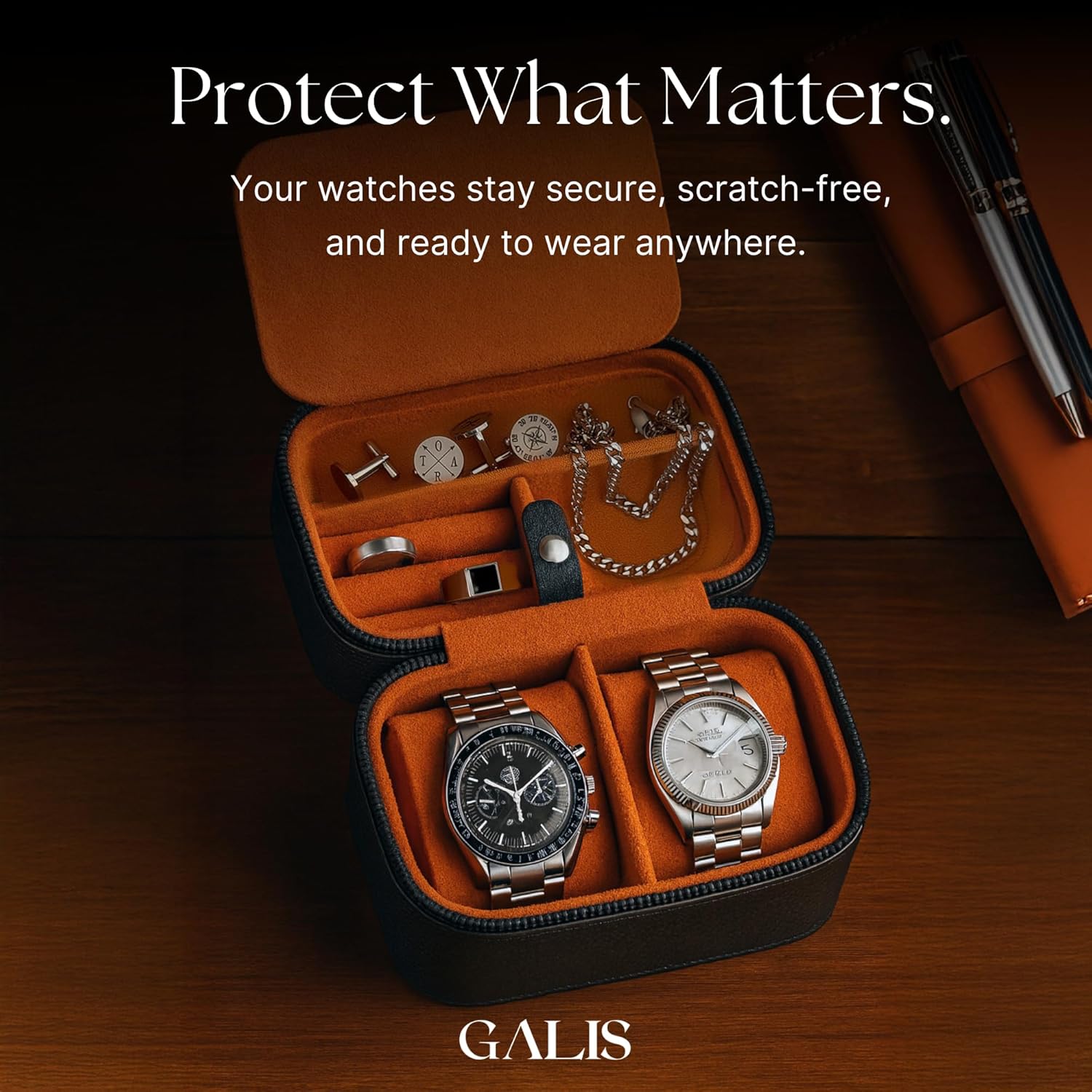 Galis Luxury Watch Travel Case for Men High End Portable 2-Slot Watch Holder and Watch Case, Premium Watch Box for Men, Jewelry Storage Organizer, Gift for Him, Fathers, Husband (Black & Orange)