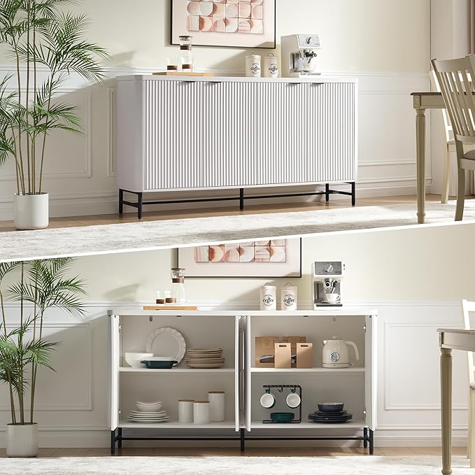 65" Buffet Cabinet with Storage, Fluted Credenza Sideboard with 4 Doors & Adjustable Shelves, Large Coffee Bar Console Table for Dining Room, Living Room, Entryway, White