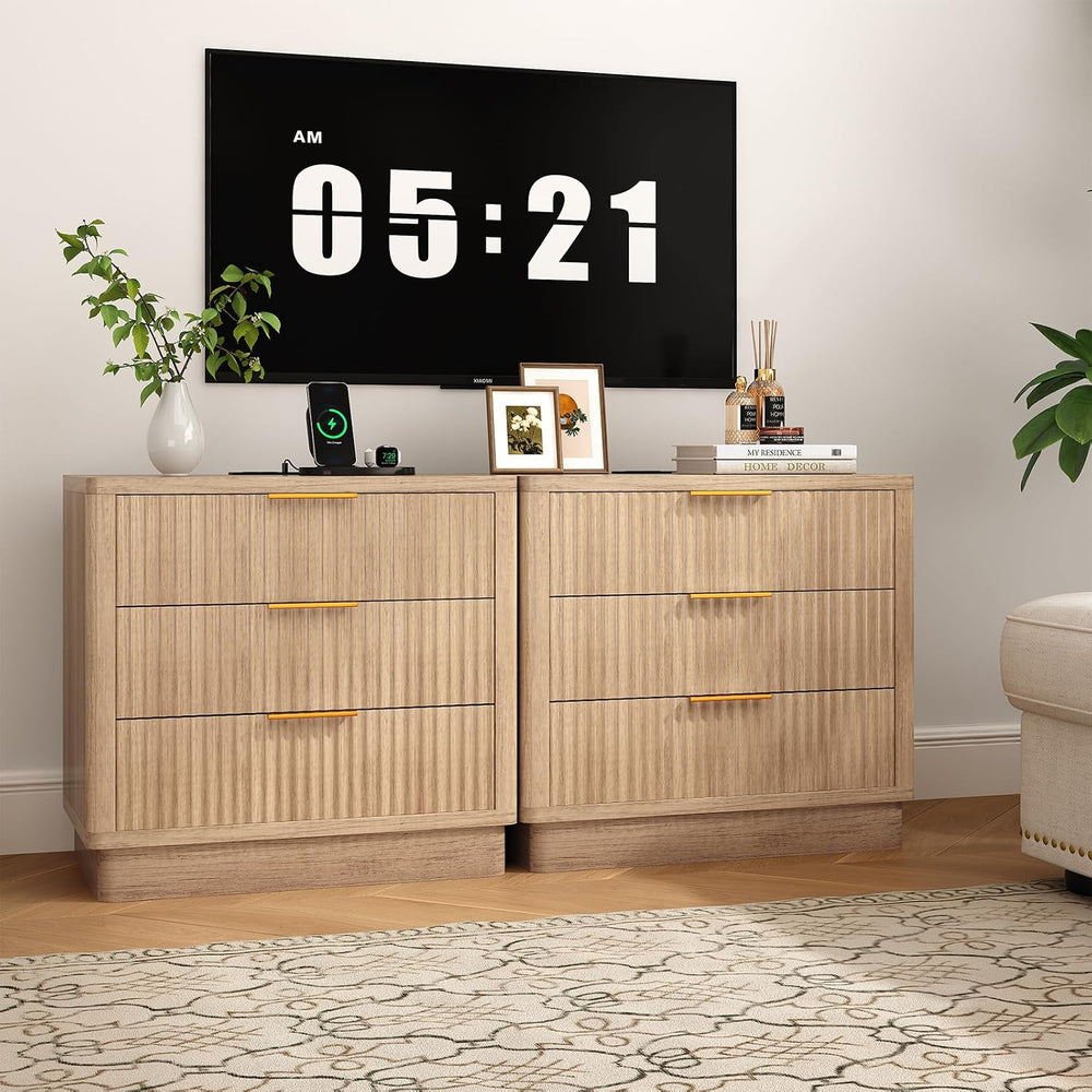 ELYKEN 24" Nightstand with 3 Drawers & Outlet, Fluted End Table Natu...
