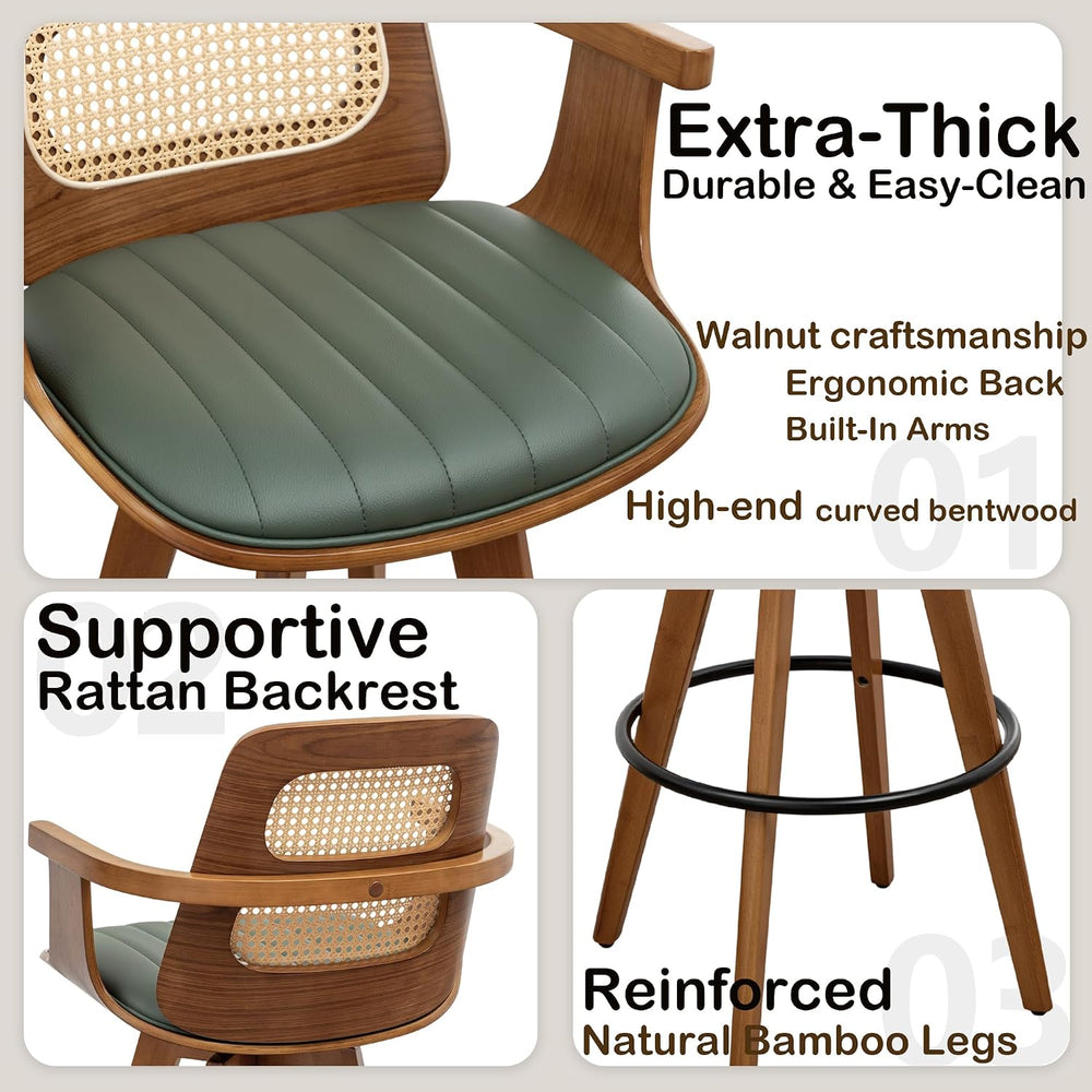 Mid Century Bar Stools, Rattan Bar Height Barstools with Curved Cane Back
