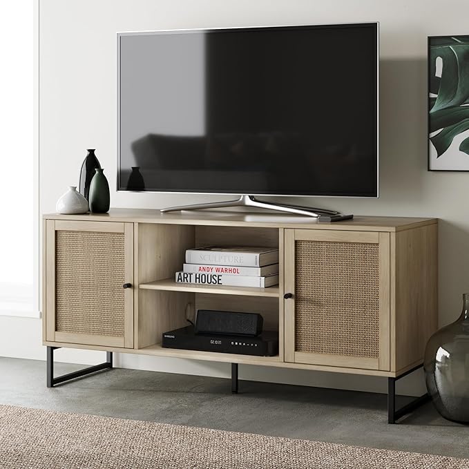 Nathan James 74101 Mina Modern TV Stand, Entertainment Cabinet, Media Console with a Natural Oak Wood Finish and Matte Black Accents with Storage Doors for Living Room or Media Room, Oak/Black