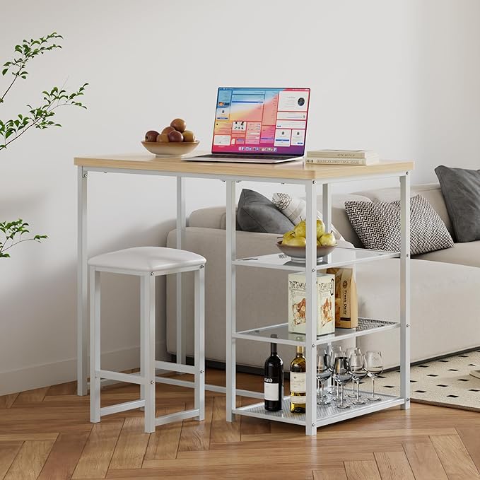 VECELO Small Bar Table and Chairs Set for 2, Upholstered Stools & Glass Storage Shelves, for Kitchen Dining Breakfast Nook, Space-Saving, Natural & White