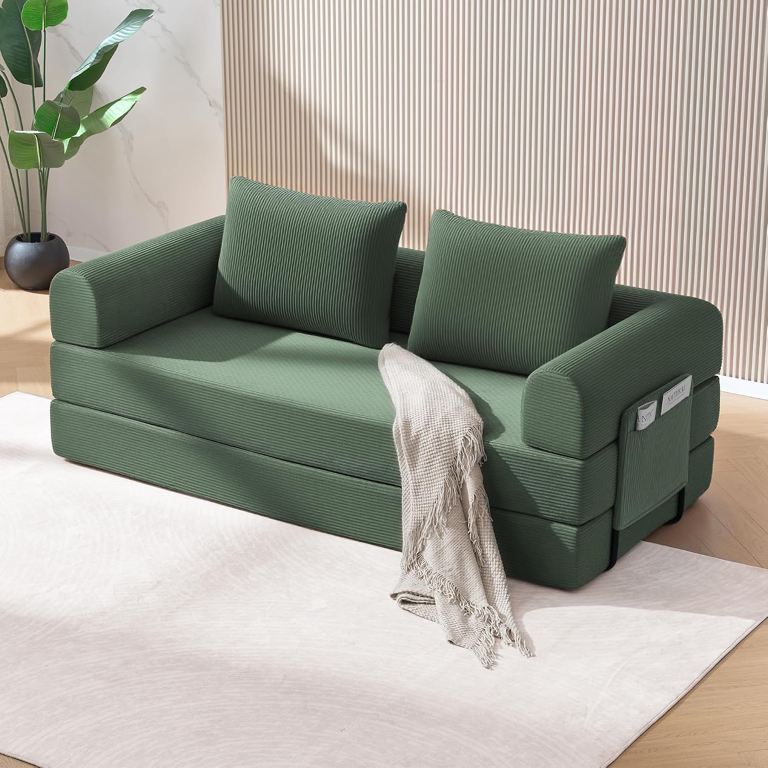 4-in-1 Boneless Folding Convertible Sofa Bed, 78 Inch Corduroy Loveseat Sleeper Couches with Pull Out Bed, Futon Couch for Living Room Bedroom, No Assembly Needed, Green