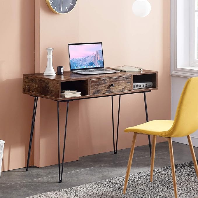 VECELO 39.3" Home Office Work Table with Drawers Computer Desk Writing/Study, 39 Inch Hairpin Legs, Retro Brown
