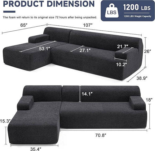 107" Modular Sectional Cloud Couch, Boneless couches Sponge sectionals for Living Room, High Density Sponges Sofa, Modular L-Shape with Chaise, Black