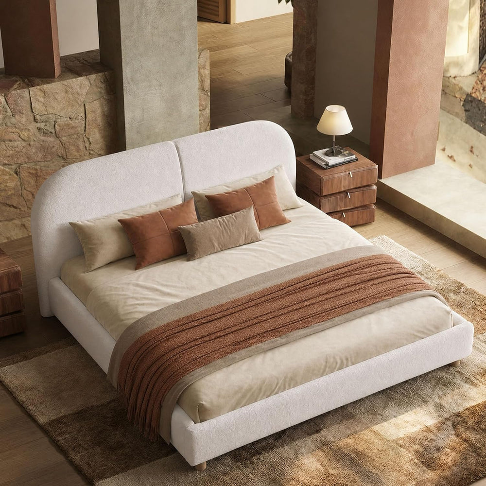 Kenhome Queen Size Boucle Cloud Bed Frame, Upholstered Platform Bed with Curv...