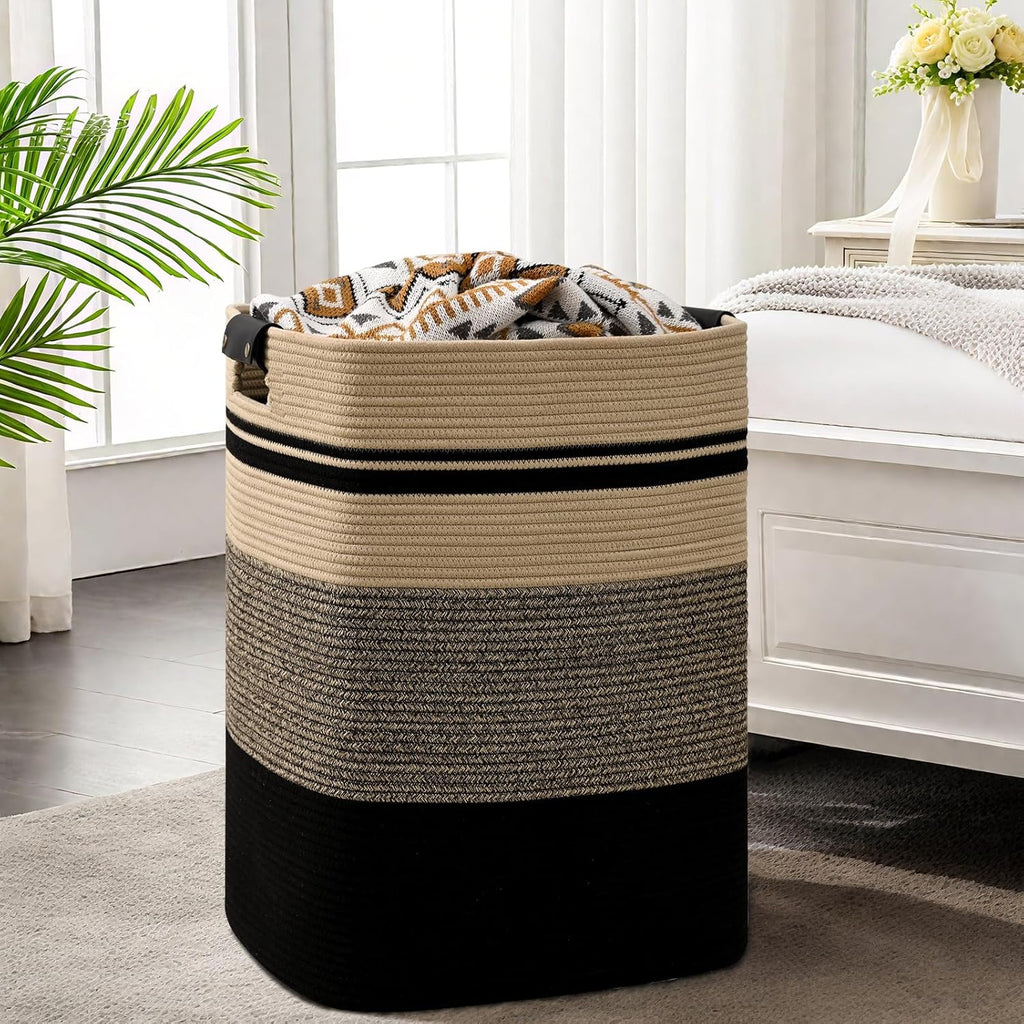 Laundry Hamper, 95L Tall Laundry Basket with Leather Handles, Rectangle Large Clothes Hamper for Organizing, Cotton Woven Laundry Baskets Storage Hampers for Bedroom, Nursery, Living Room