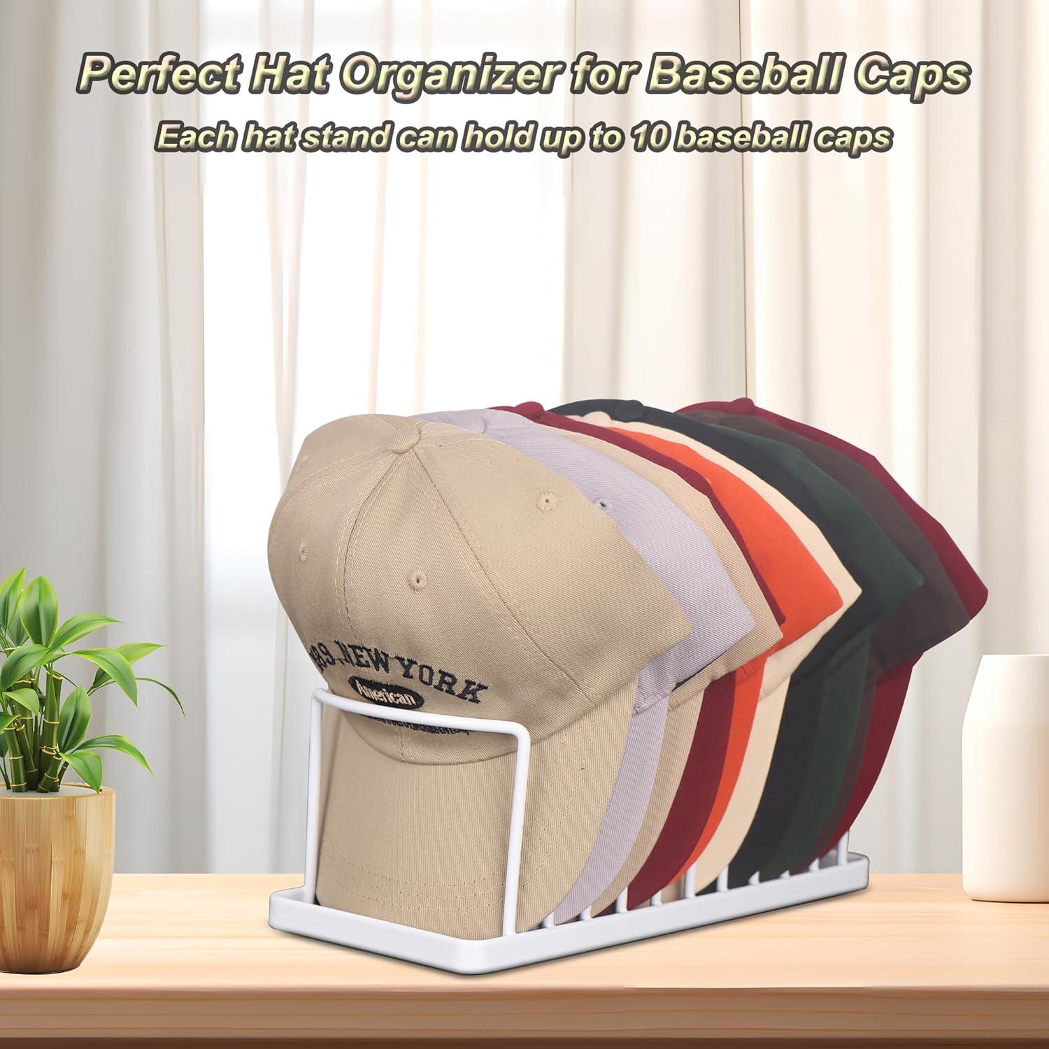 Hat Organizer for Baseball Caps - 2 Pack Space Saving Hat Stand Hold 20 Caps - Premium Metal Hat Rack for Baseball Caps Display & Organizer - No Install Hat Holder for Closet