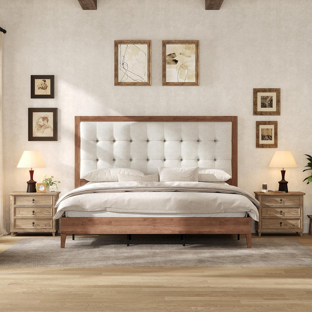 AMERLIFE Solid Wood Queen Bed Frame 50.2" Upholstered Headboard, Walnut