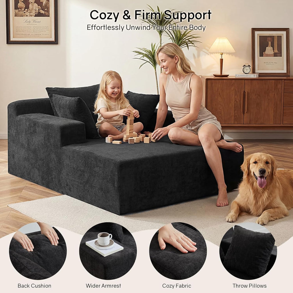 66" Chaise Lounge Chair Indoor, Oversized Boneless Lounge Chair with 3 Pillows, Chenille Cloud Reading Chair for Living Room Bedroom, Deep Seat Sleeper Couch, No Assembly Required